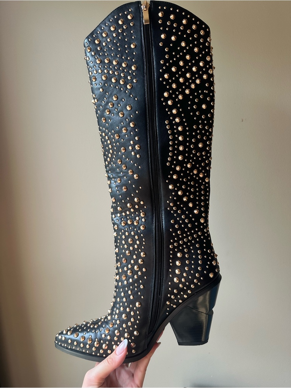 Studded Black Heeled Knee-High Boots - Elegant Western Style - Picture 4 of 6